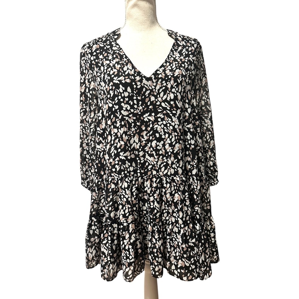 Melloday Abstract Print Tiered Tunic Dress Mini Black Tan V-Neck Size M